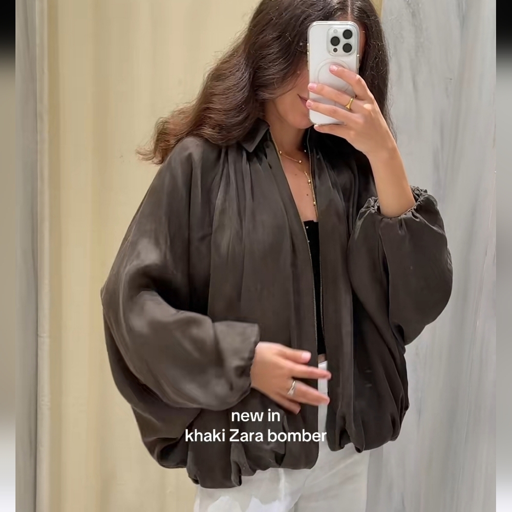 Zara PUFFED BOMBER SATIN KHAKI Size M - Picture 5 of 12
